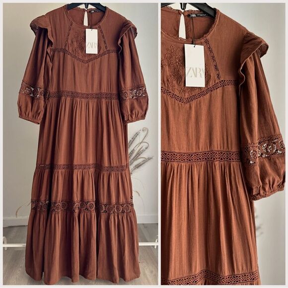 Zara Brown Openwork Embroidered Dress New Lined - Picture 1 of 2